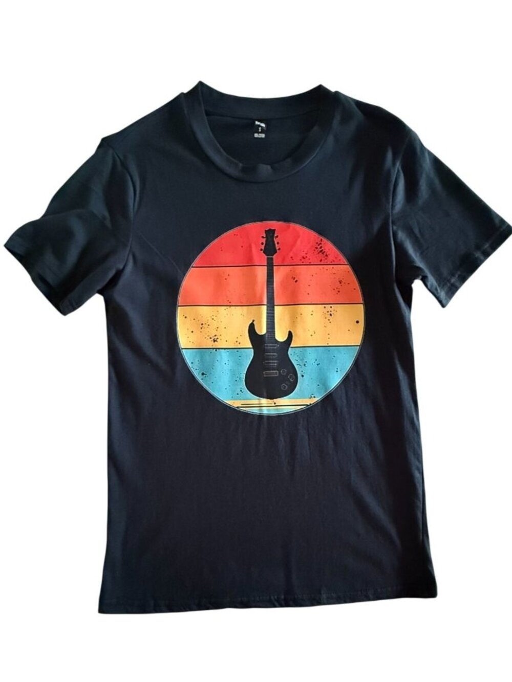 Shirt Mens S Black Retro Guitar Sunset Graphic Cotton Tee